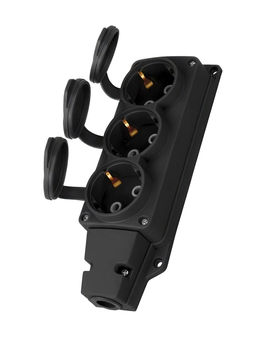 KAUCHUK Kolodka 3 gnezdolik, IP54, 16A, 85-240V, qora rang, yerga ulanadigan