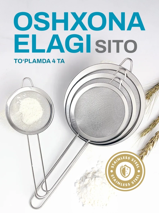 Turli o‘lchamdagi zanglamaydigan po‘latdan yasalgan elak, qulay tutqichli - 