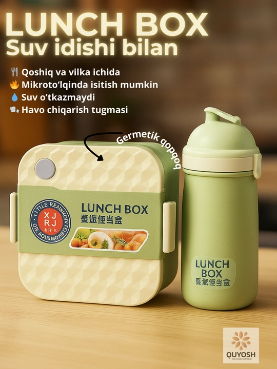 Bolalar uchun rangli lunch box, qoshiq va vilkali, germetik qopqoqli - 