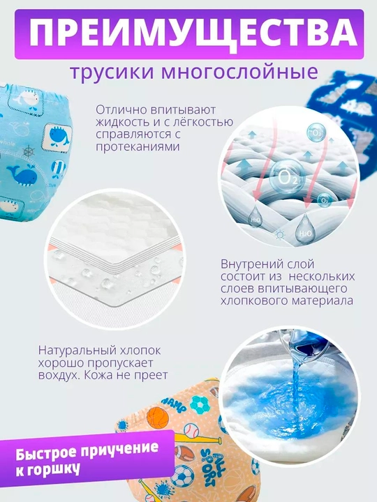 Qayta ishlatiladigan hojatxonaga o‘rgatish uchun paxta taglik - trusik, pampers