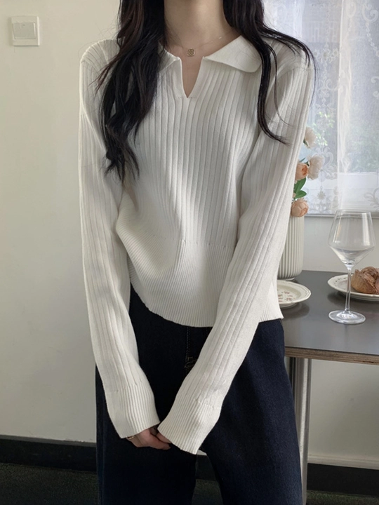 Ayollar uchun oversize polo sviter, yoqali, uzun yengli
