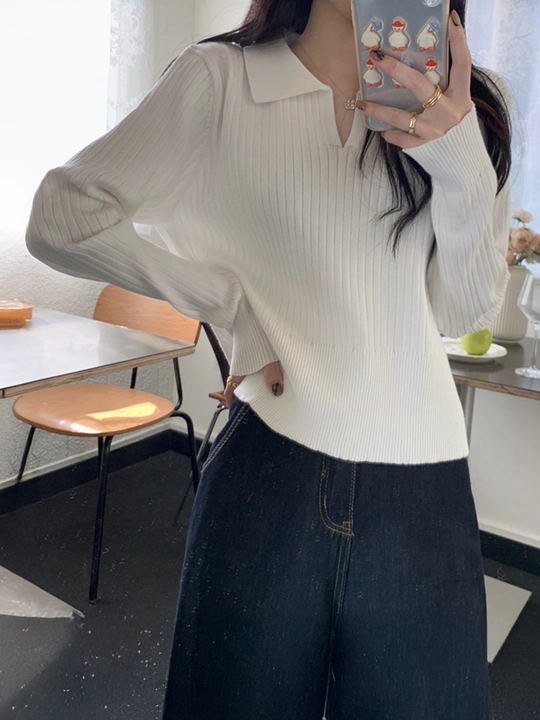 Ayollar uchun oversize polo sviter, yoqali, uzun yengli