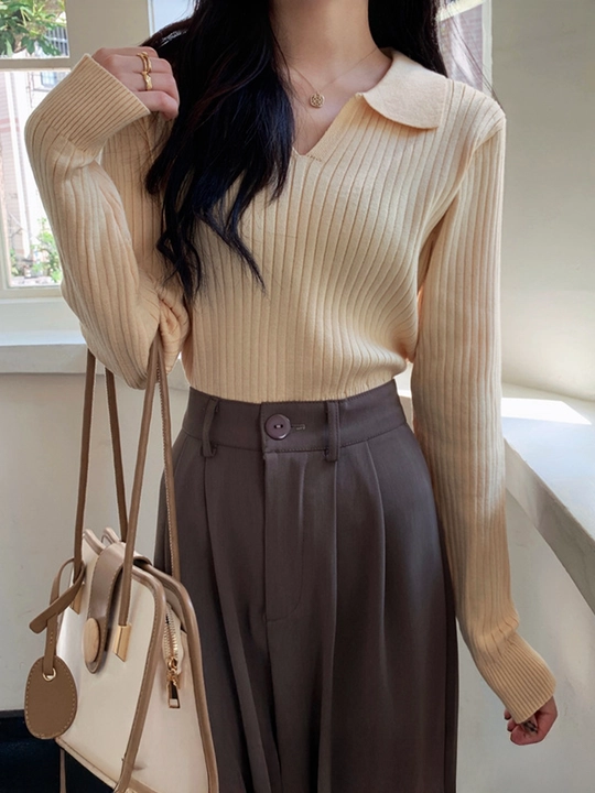 Ayollar uchun oversize polo sviter, yoqali, uzun yengli
