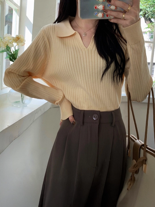 Ayollar uchun oversize polo sviter, yoqali, uzun yengli