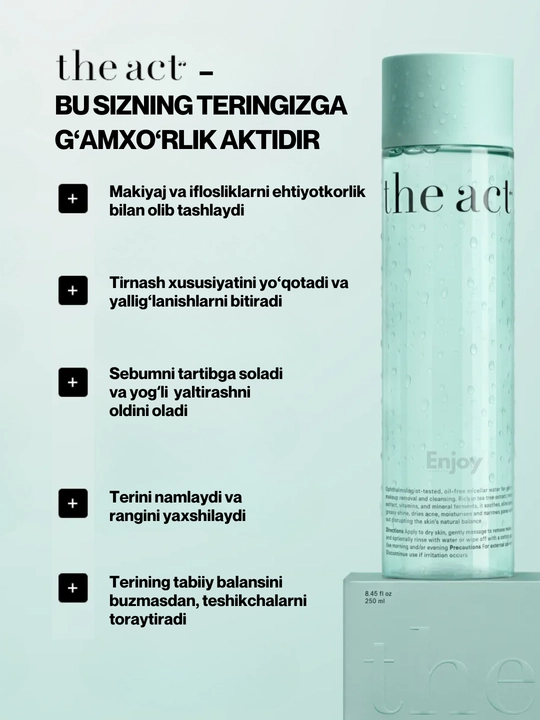 Miselyar suvi The Act, makiyajni olib tashlash uchun, bazaviy va muammoli teri uchun