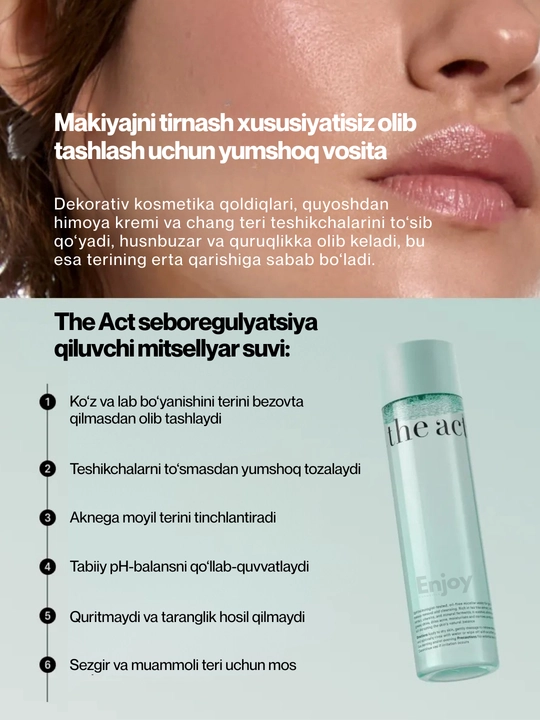 Miselyar suvi The Act, makiyajni olib tashlash uchun, bazaviy va muammoli teri uchun