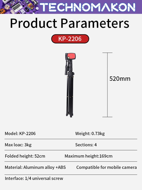 Pol uchun universal shtativ tripod Jmary KP-2206, telefon va kamera uchun, universal