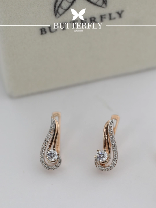 Ayollar uchun olatin uzuk va zirak to'plami, tilla 585 proba, 7.07gr,B51K model,BUTTERFLY