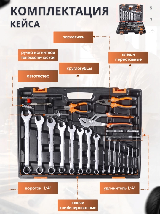 Набор инструментов , 1/2", 1/4", CrV, в кейсе 151 предмет Вихрь арт. 73/6/7/9