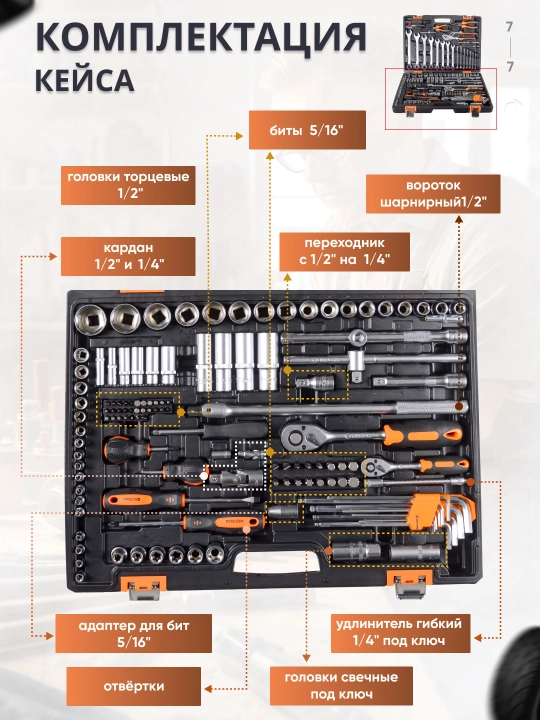 Набор инструментов , 1/2", 1/4", CrV, в кейсе 151 предмет Вихрь арт. 73/6/7/9