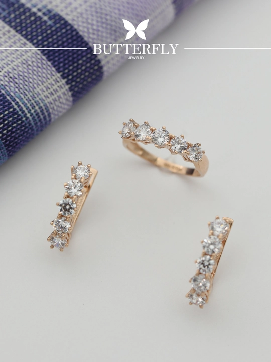 Золотое кольцо и серги комплект, золото 585 пробы, 7.38 г, модель B68K, BUTTERFLY GOLD