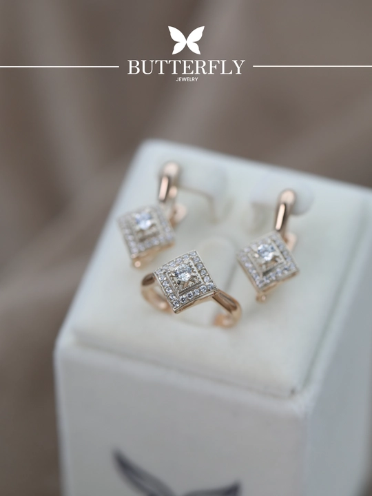 Золотое кольцо и серьги комплект, золото 585 пробы, 7.79 г, модель B71K, BUTTERFLY GOLD