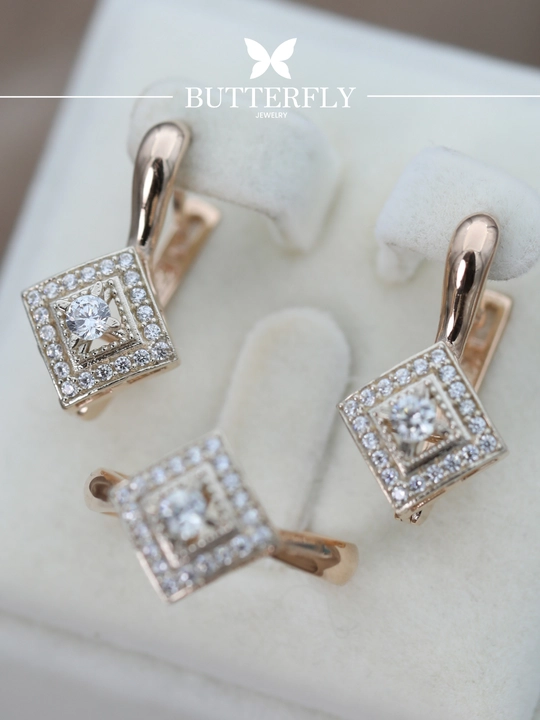 Золотое кольцо и серьги комплект, золото 585 пробы, 7.79 г, модель B71K, BUTTERFLY GOLD
