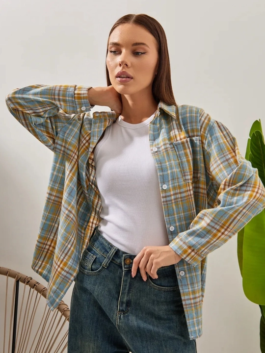 Ayollar uchun oversize katakli ko‘ylak, uzun yengli, uslubiy, kundalik