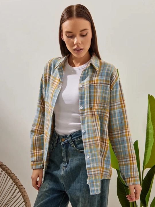 Ayollar uchun oversize katakli ko‘ylak, uzun yengli, uslubiy, kundalik