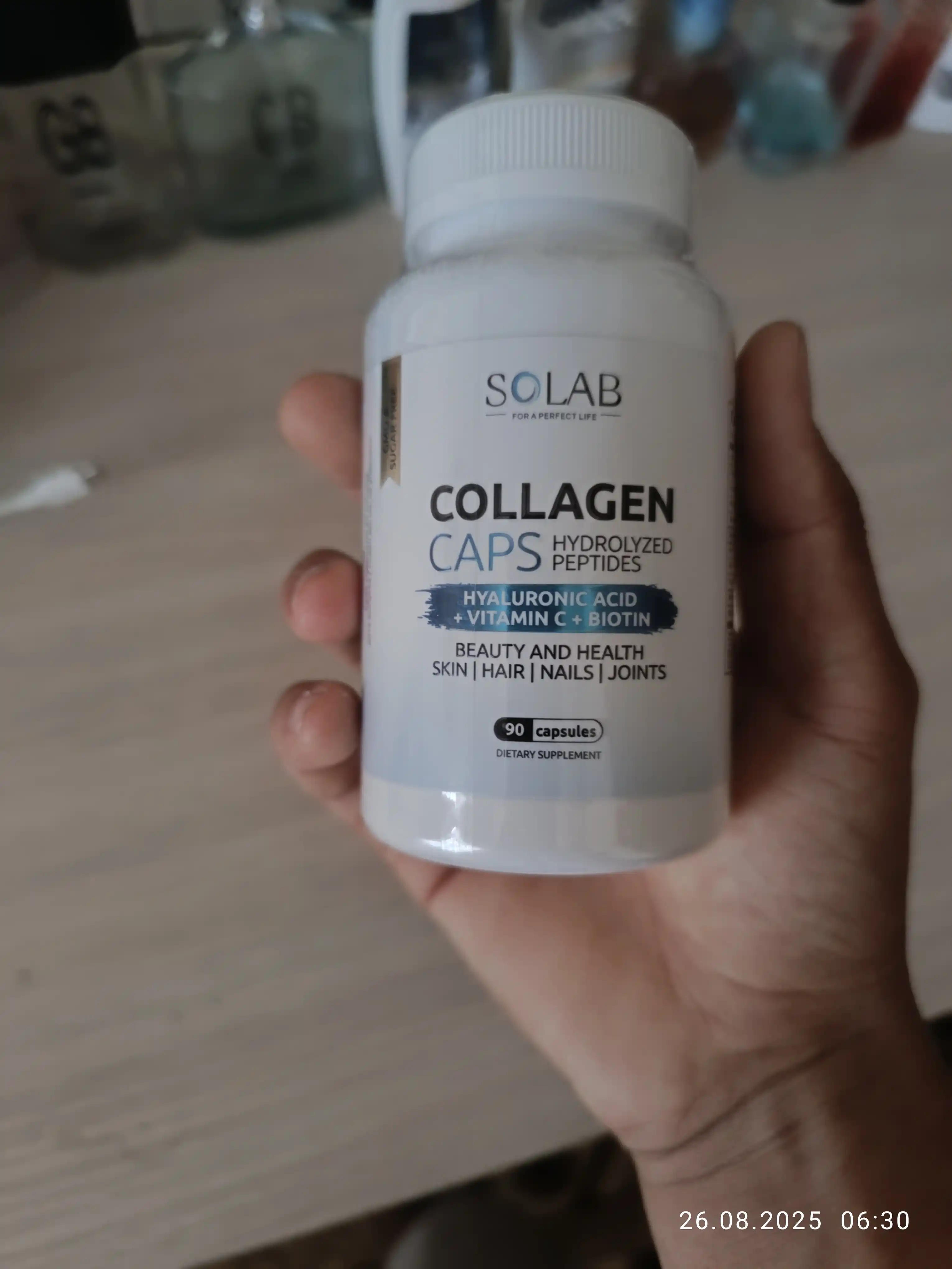 Kollagen kapsulada, SOLAB, C vitamini + Gialuron kislotasi + Biotin bilan, 90 kapsula