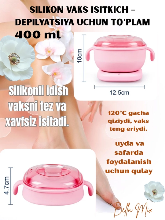 Depilyatsiya uchun yig‘iladigan silikon vaks isitkich, 400 ml, vosk va shpatellar - 