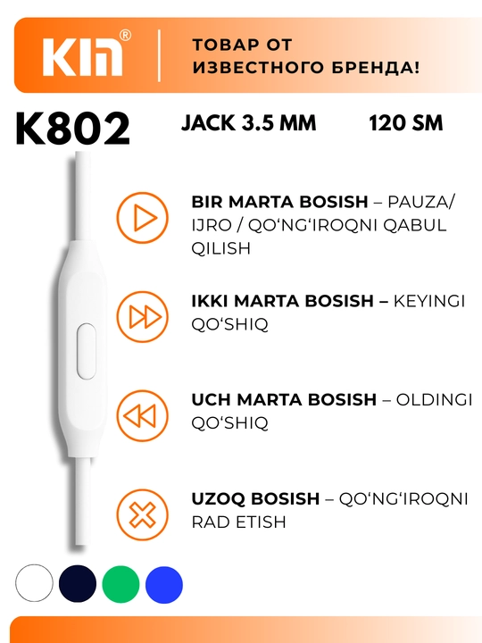 Simli quloqchinlar KIN KM-K802, 3.5 mm jack, mikrofon, bir tugmali boshqaruv