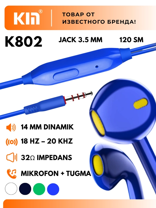 Simli quloqchinlar KIN KM-K802, 3.5 mm jack, mikrofon, bir tugmali boshqaruv