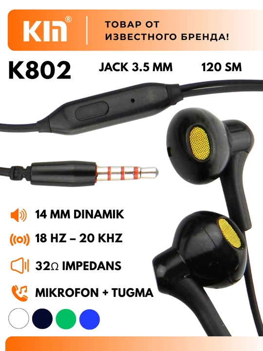 Simli quloqchinlar KIN KM-K802, 3.5 mm jack, mikrofon, bir tugmali boshqaruv