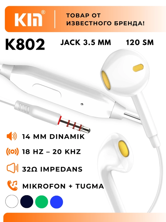 Simli quloqchinlar KIN KM-K802, 3.5 mm jack, mikrofon, bir tugmali boshqaruv