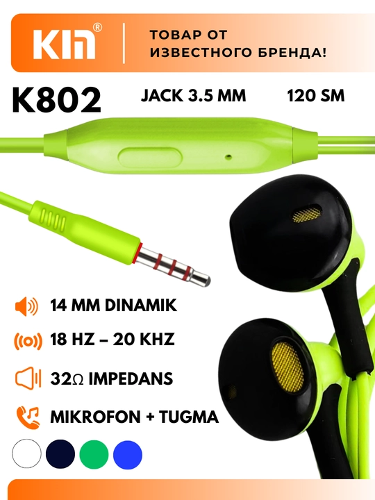 Simli quloqchinlar KIN KM-K802, 3.5 mm jack, mikrofon, bir tugmali boshqaruv