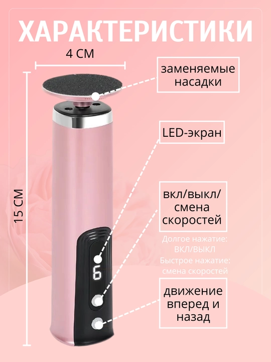 Пилка пемза электрическая для пяток, ног и рук. 6 скоростей, насадки и диски в комплекте - 