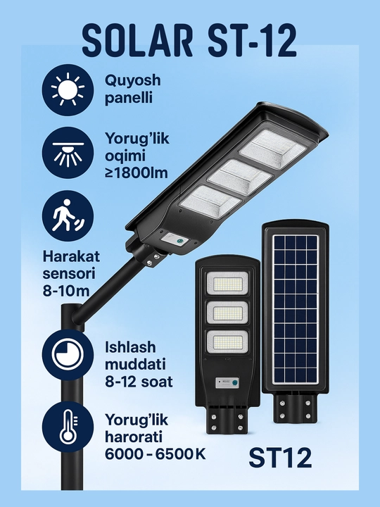 Stalba, projector, quyosh panelli, LED, ko‘cha yoritgichi, harakat sensori, ST-12/ ST-15
