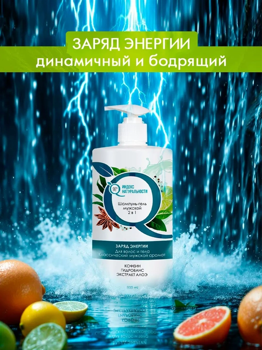 Erkaklar sochlari uchun shampun jeli 2 in 1 "energiya zaryadi" 800 ml