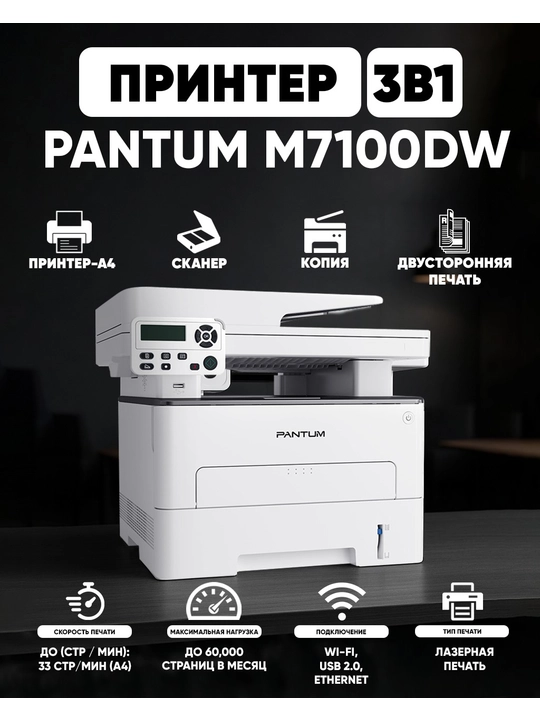 Принтер лазерный МФУ PANTUM M7100DW 3-1 (Wi-Fi) - 