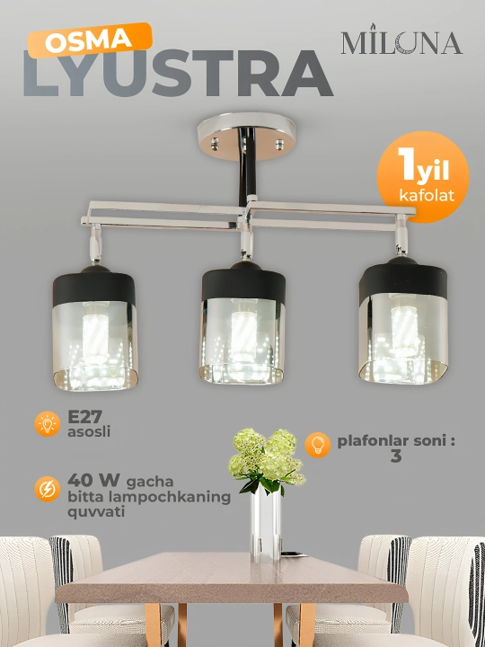 Lyustra buriluvchi plafonli, 3 xil o‘lchamda, oshxona va yotoqxona uchun, E27 patronli