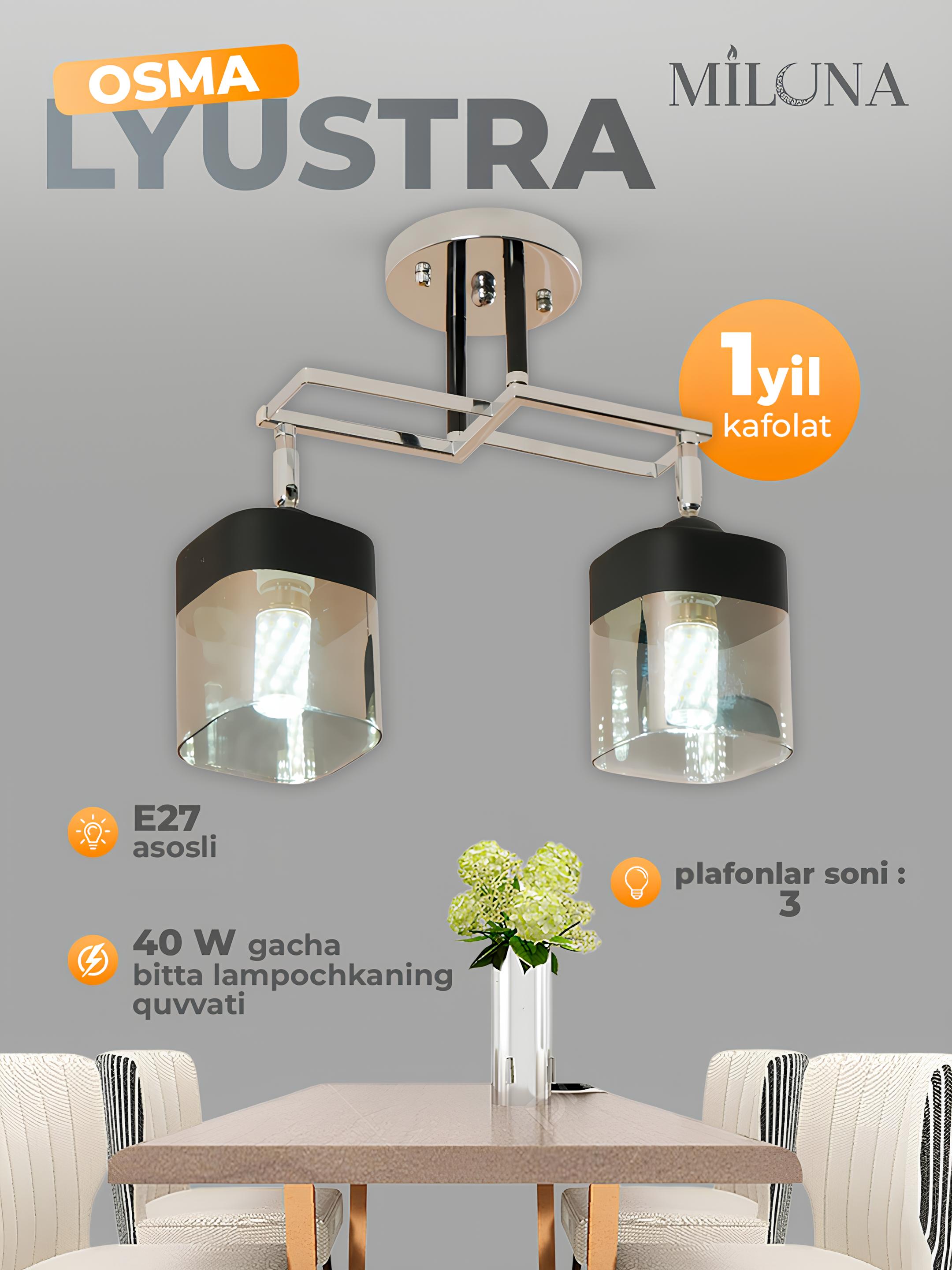 Lyustra buriluvchi plafonli, 3 xil o‘lchamda, oshxona va yotoqxona uchun, E27 patronli