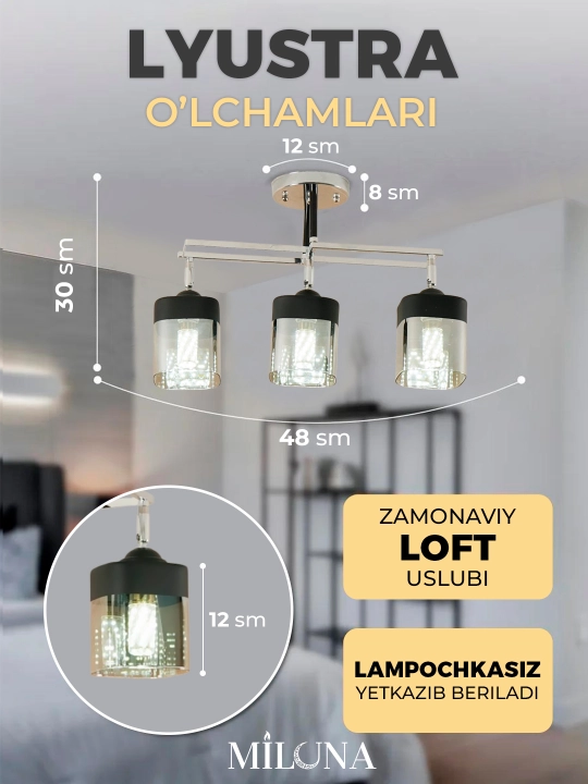 Lyustra buriluvchi plafonli, 3 xil o‘lchamda, oshxona va yotoqxona uchun, E27 patronli