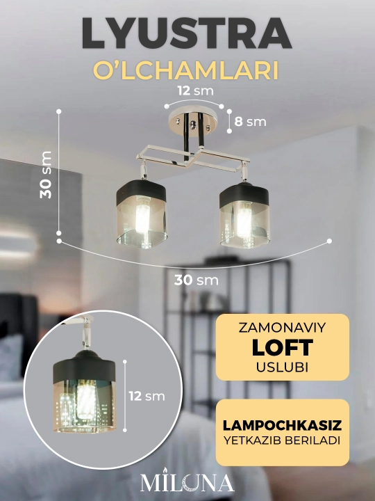Lyustra buriluvchi plafonli, 3 xil o‘lchamda, oshxona va yotoqxona uchun, E27 patronli