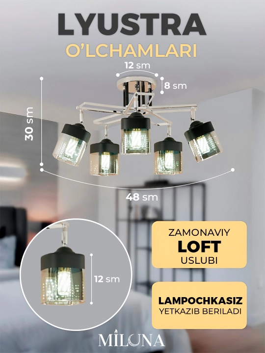 Lyustra buriluvchi plafonli, 3 xil o‘lchamda, oshxona va yotoqxona uchun, E27 patronli