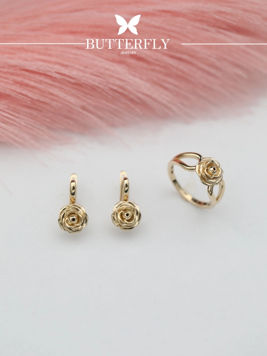 Золотое кольцо и серги комплект, золото 585 пробы, 7.23 г, модель B82K, BUTTERFLY GOLD