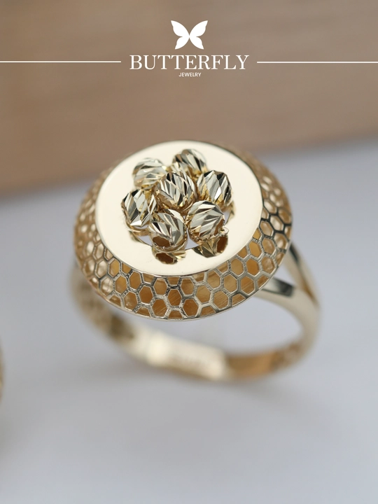 Ayollar uchun oltin uzuk va zirak to'plami, tilla 585 proba, 8.17 gr, B81K model,BUTTERFLY