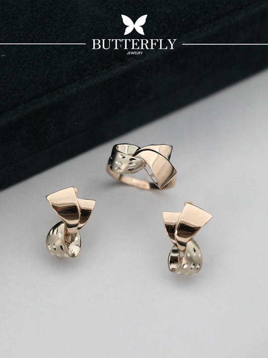 Ayollar uchun oltin uzuk va zirak to'plami, tilla 585 proba, 8.62 gr, B80K model,BUTTERFLY