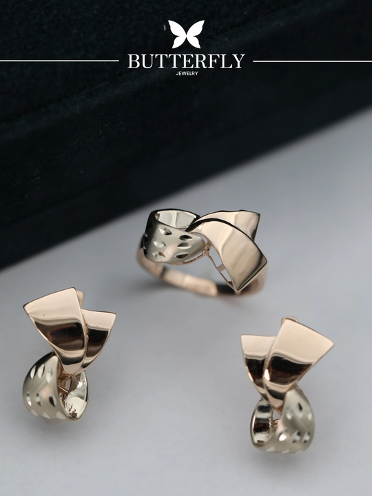 Ayollar uchun oltin uzuk va zirak to'plami, tilla 585 proba, 8.62 gr, B80K model,BUTTERFLY