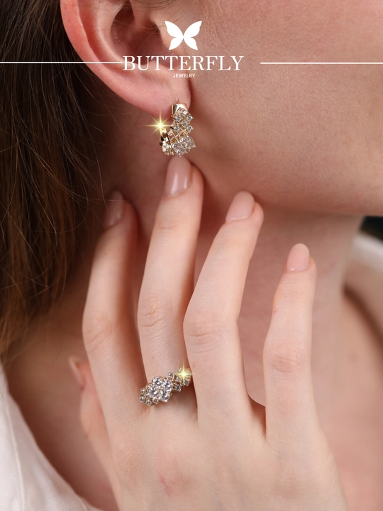 Ayollar uchun oltin uzuk va zirak to'plami, tilla 585 proba, 9.59 gr, B83K model,BUTTERFLY - 