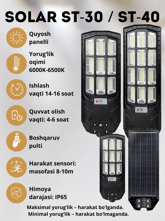 LED, projektor, Quyosh panelli, SOLAR ST-30 / ST-40, ko‘cha yoritgichi, harakat sensori