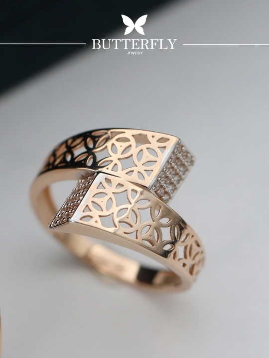 Ayollar uchun oltin uzuk va zirak to'plam, 8.08 gr, B89K model, tilla 585 proba, BUTTERFLY