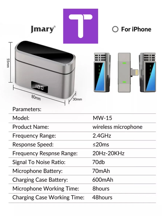 Simsiz mikrofon Jmary MW15 2, 4GGs, smartfolar uchun, Lighting, iPhone uchun