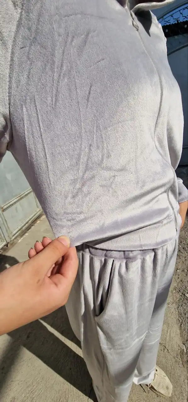 Ayollar sport kostyumi, dvoyka, velur, kapyushonli, xudi + shim, kulrang, issiq