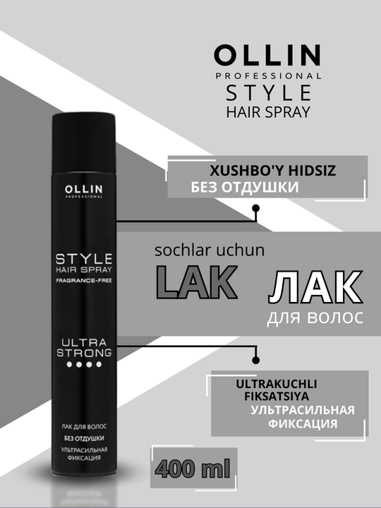 Soch uchun lak OLLIN ultra kuchli fiksatsiyali, hidsiz, sochlar uchun fiksator, 400 ml - 