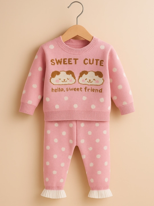 Детский вязаный комплект «Sweet Cute» — свитер и брюки, розовый в горох - 