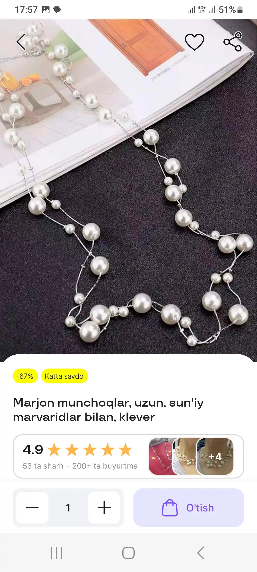Marjon munchoqlar, uzun, sun'iy marvaridlar bilan, klever