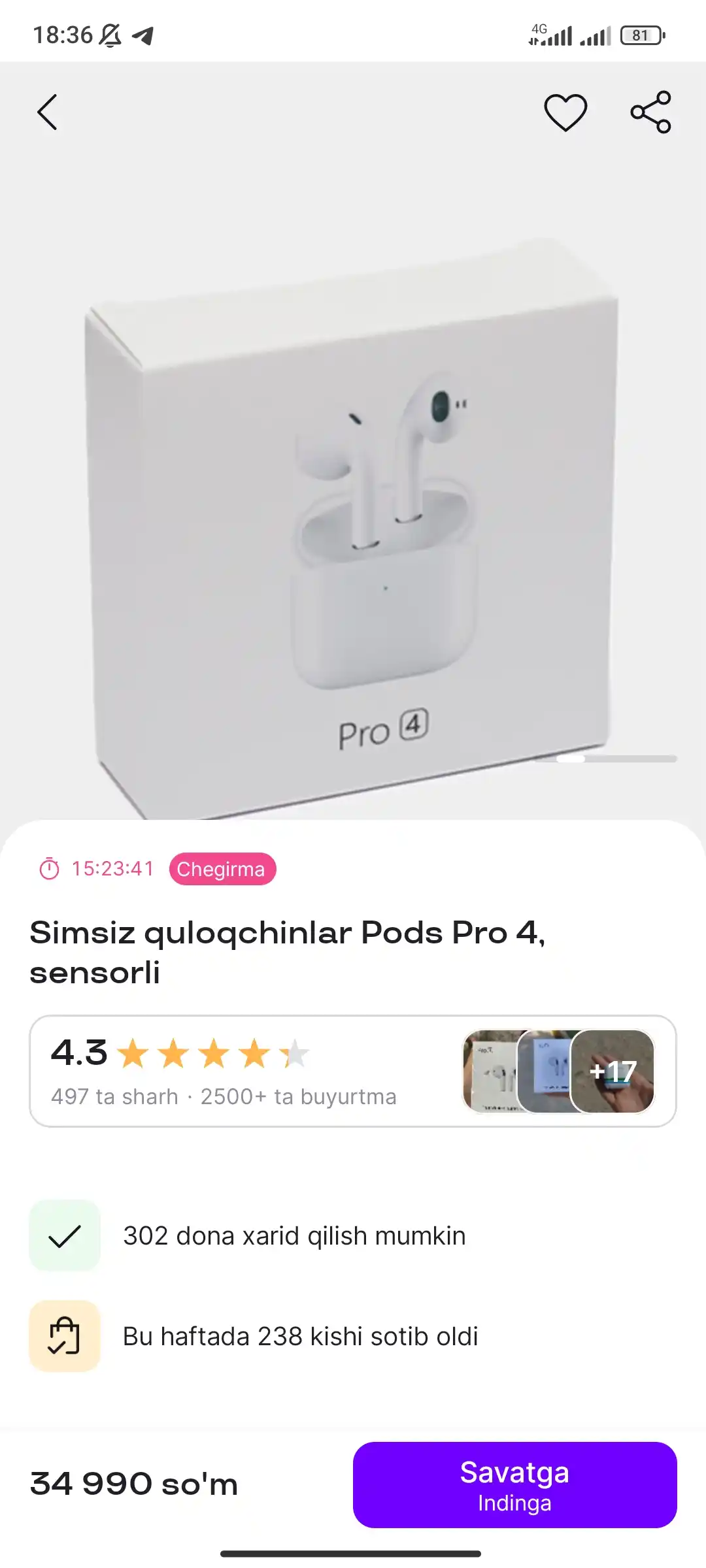 Simsiz quloqchinlar Pods Pro 4, sensorli
