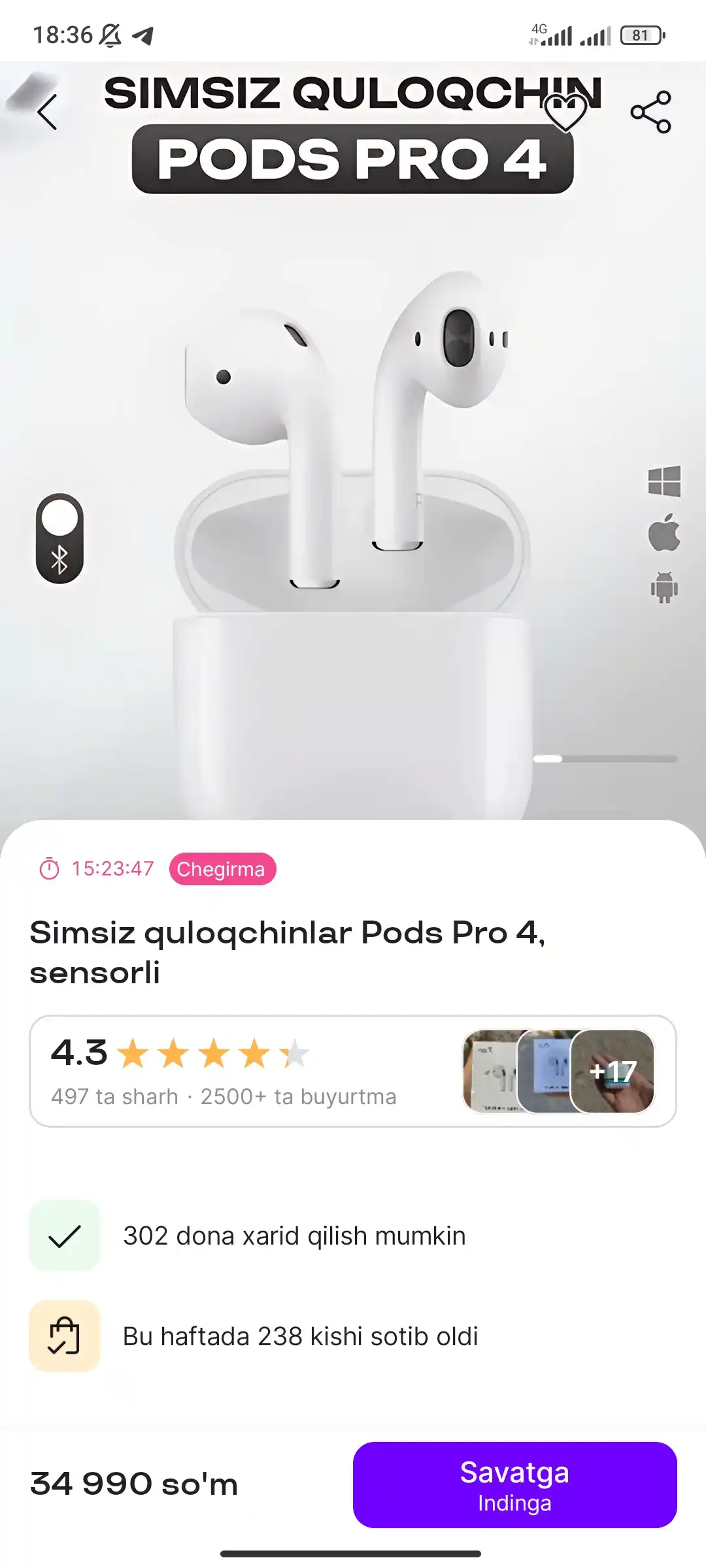 Simsiz quloqchinlar Pods Pro 4, sensorli