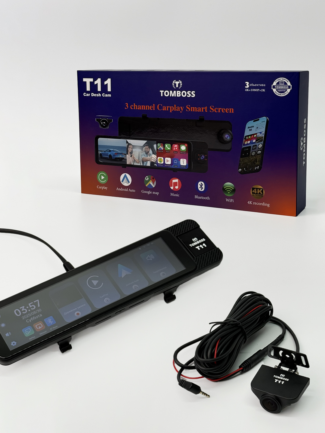 Видеорегистратор 3 камеры, Автомобильный видеорегистратор TOMBOSS T11, Wi-Fi наблюдение